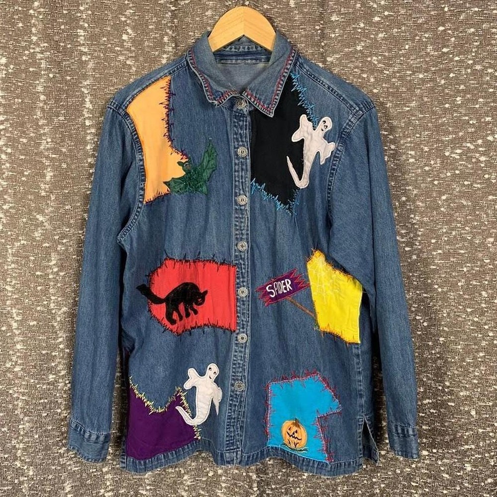 Vintage Halloween Patchwork Denim Button Down Shirt Womens Festive Embroidered